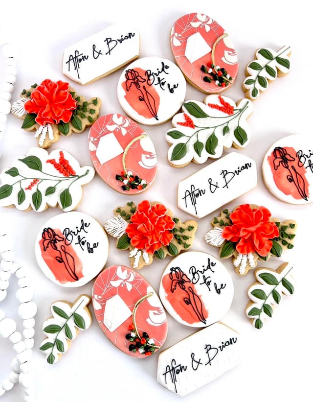 Bridal shower cookie set with coral flowers