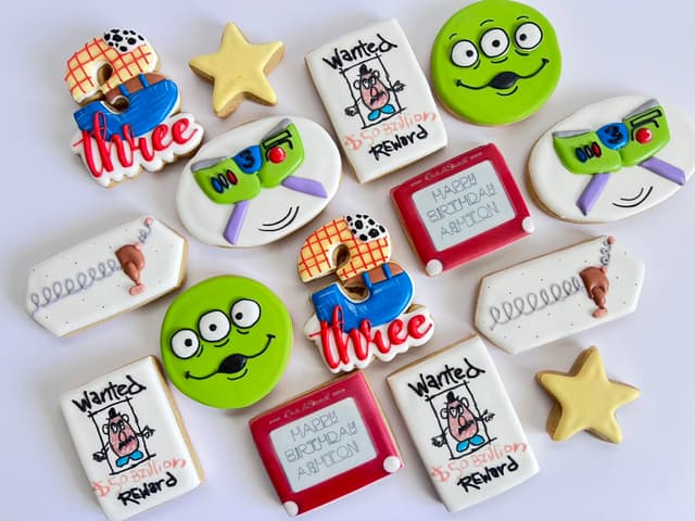 Toy Story character cookie set for a third birthday