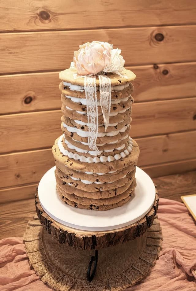 Stacked chocolate chip cookie wedding cake with lace